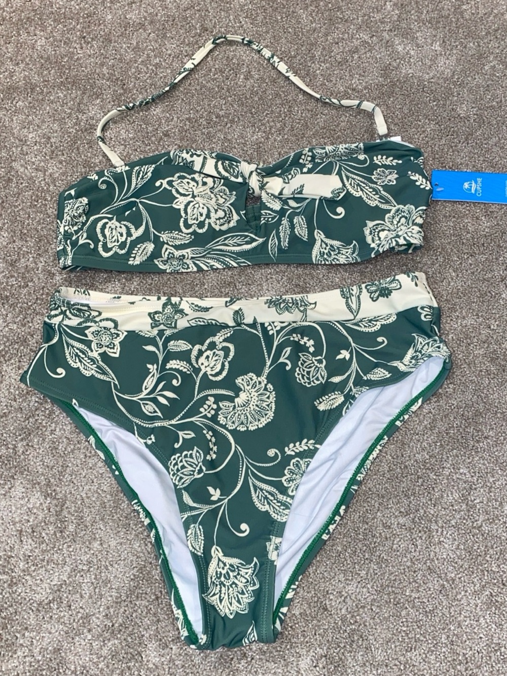 NWT Cupshe Floral Bikini Size Woman’s Large Green High‎ Waisted Beach Swimming